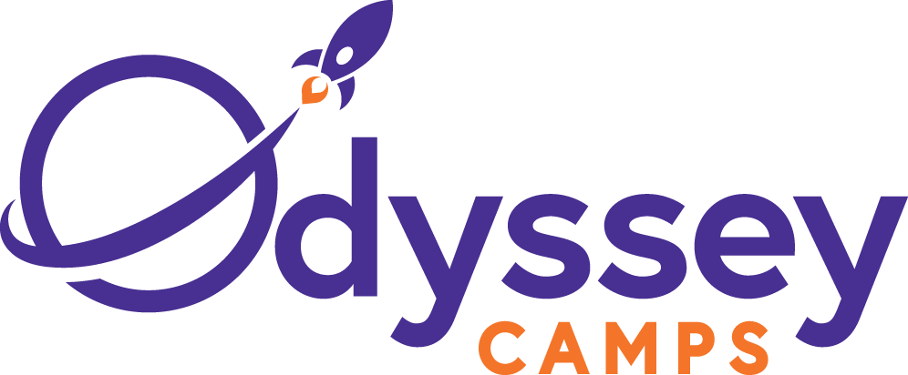 Logo for Odyssey Camps featuring a stylized rocket orbiting a planet with the text 'Odyssey Camps' in purple and orange. STEM Camps Flagstaff