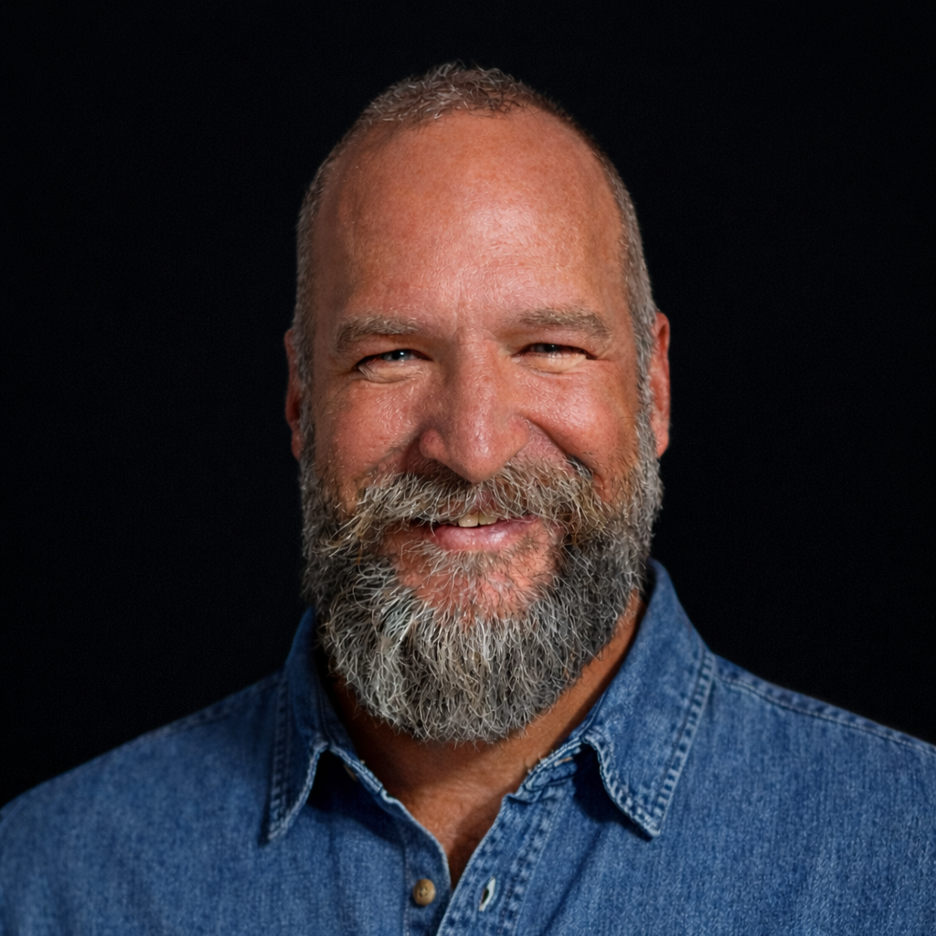 Close-up portrait of a smiling middle-aged man with a beard, wearing a denim shirt, against a dark background.