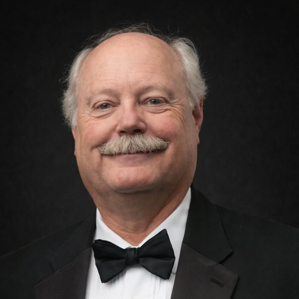 A portrait of an elderly man with white hair and a mustache, smiling, wearing a tuxedo and black bow tie, against a dark background.