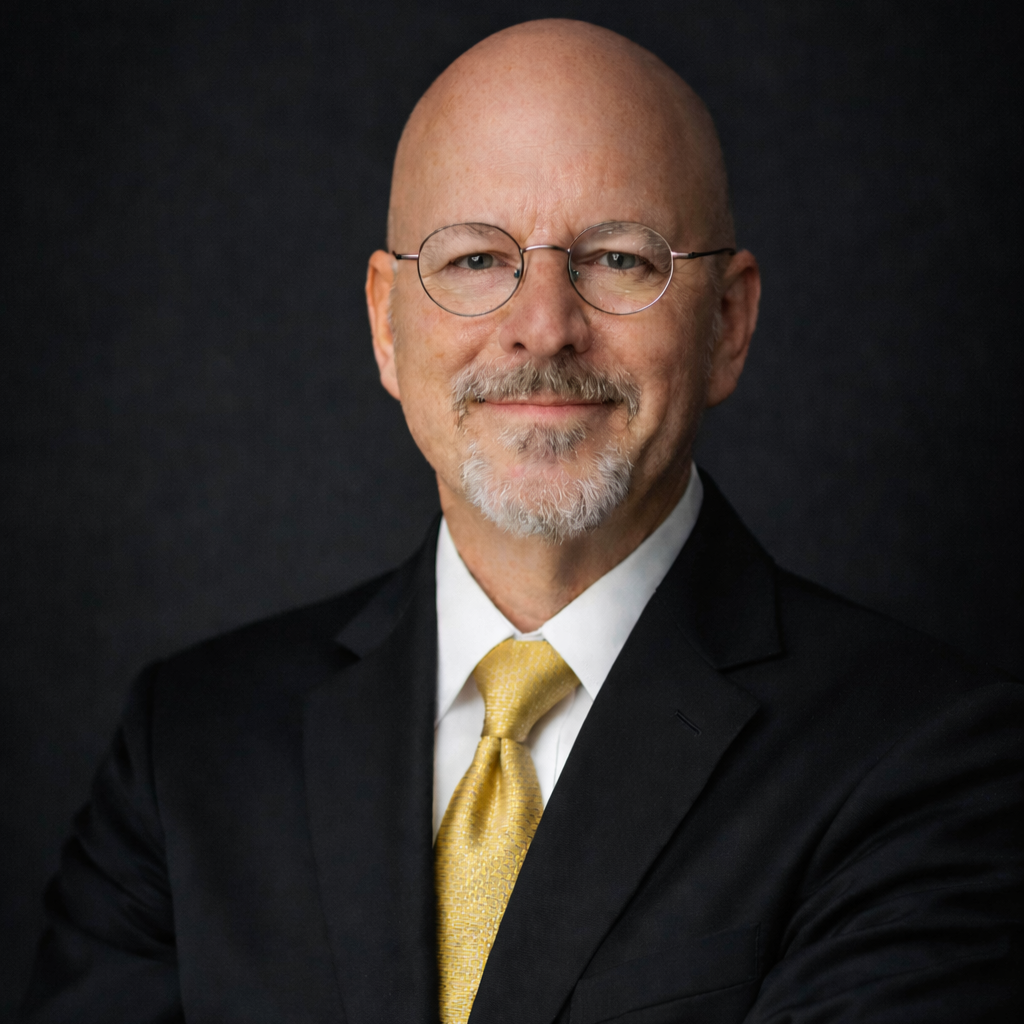A bald man with glasses and a beard wearing a black suit, white shirt, and yellow tie, smiling against a dark background.