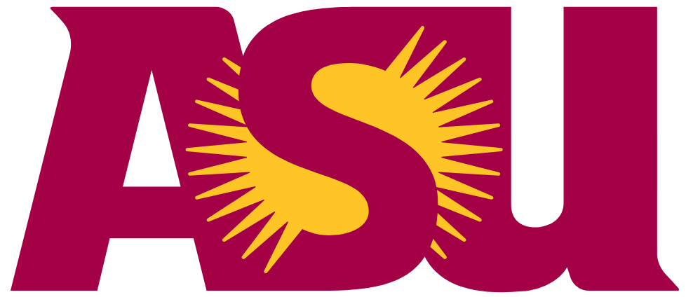 Close-up of the stylized logo with the letters 'ASU' in bold maroon, featuring a yellow sunburst design behind the letter 'S'.