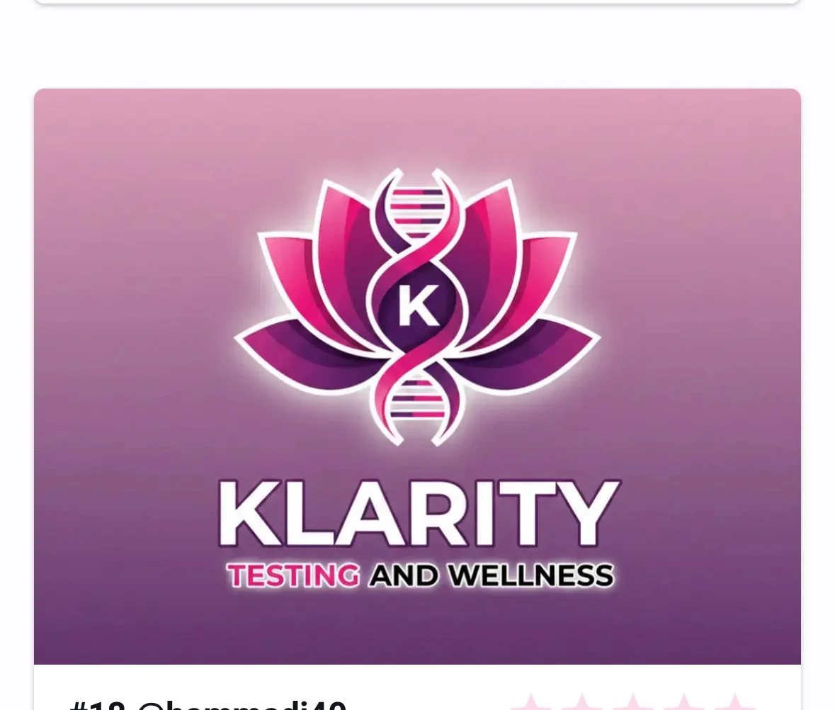 A logo featuring a pink and purple lotus flower with a DNA helix in the center and the letter 'K' inside a circle. Below is the text 'KLARITY TESTING AND WELLNESS' in bold white and pink font.