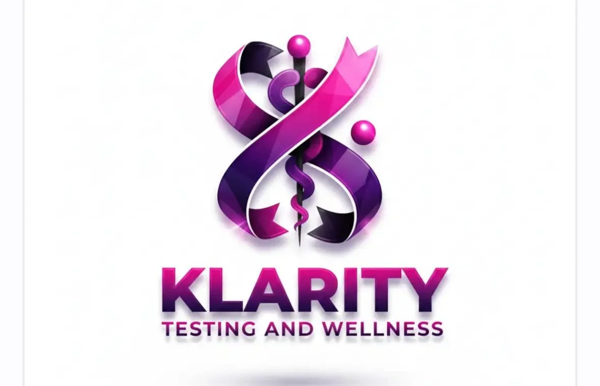 A logo for Klarity Testing and Wellness featuring a stylized purple and pink DNA double helix with a caduceus entwined, and the text "Klarity Testing and Wellness" beneath.