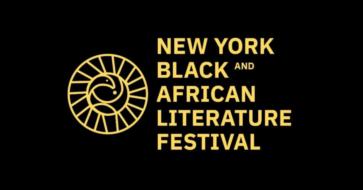 Logo for the New York Black and African Literature Festival featuring a stylized peacock and text in gold on a black background.