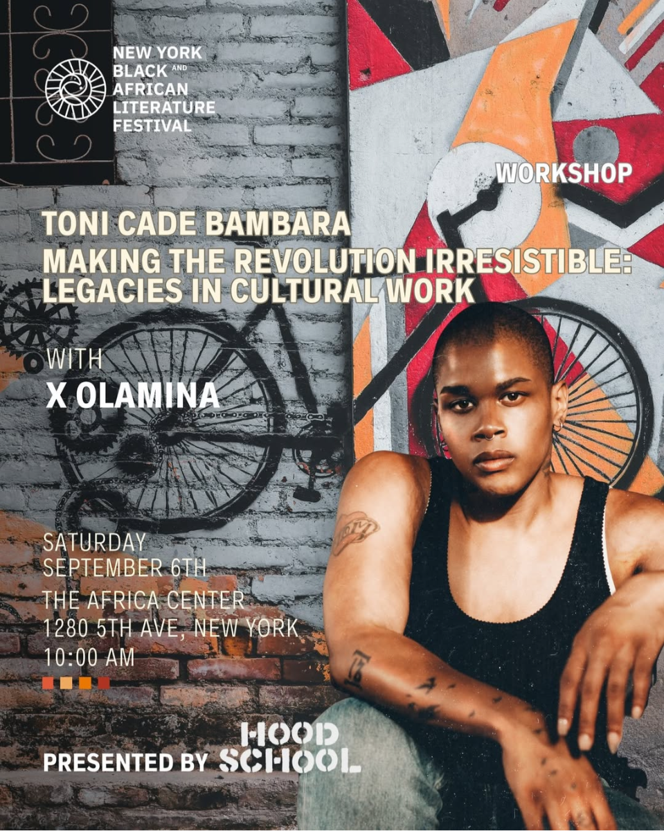 Event poster for the New York Black and African Literature Festival workshop featuring Toni Cade Bambara on making the revolution irresistible: legacies in cultural work, with Xolamina, scheduled for Saturday, September 6th at The Africa Center, 1280 5th Ave, New York at 10:00 AM, presented by Hood School. The poster has a graffiti-style background with a portrait of a woman with tattoos sitting in front of a brick wall and abstract artwork featuring a bicycle and geometric shapes.
