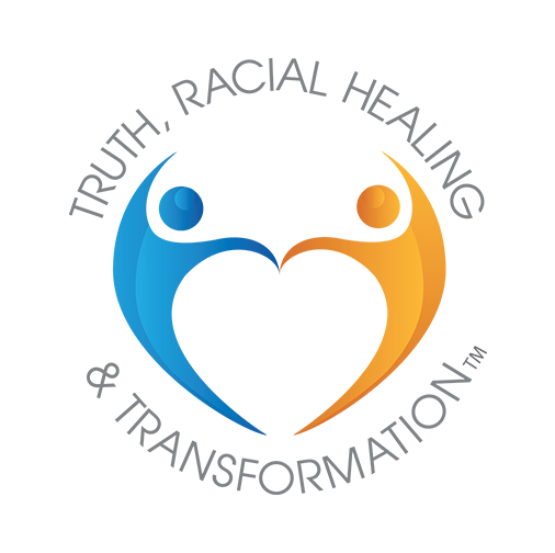 Logo featuring two stylized human figures, one blue and one orange, forming a heart shape, with the text "Truth, Racial Healing & Transformation" around them.