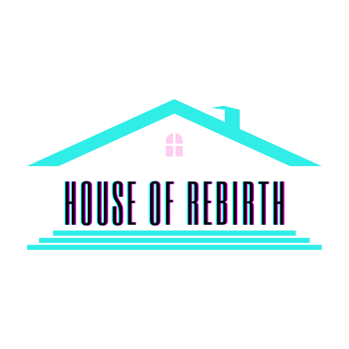 Logo for House of Rebirth featuring a stylized house roof with a chimney and a window, and the text 'House of Rebirth' underneath.
