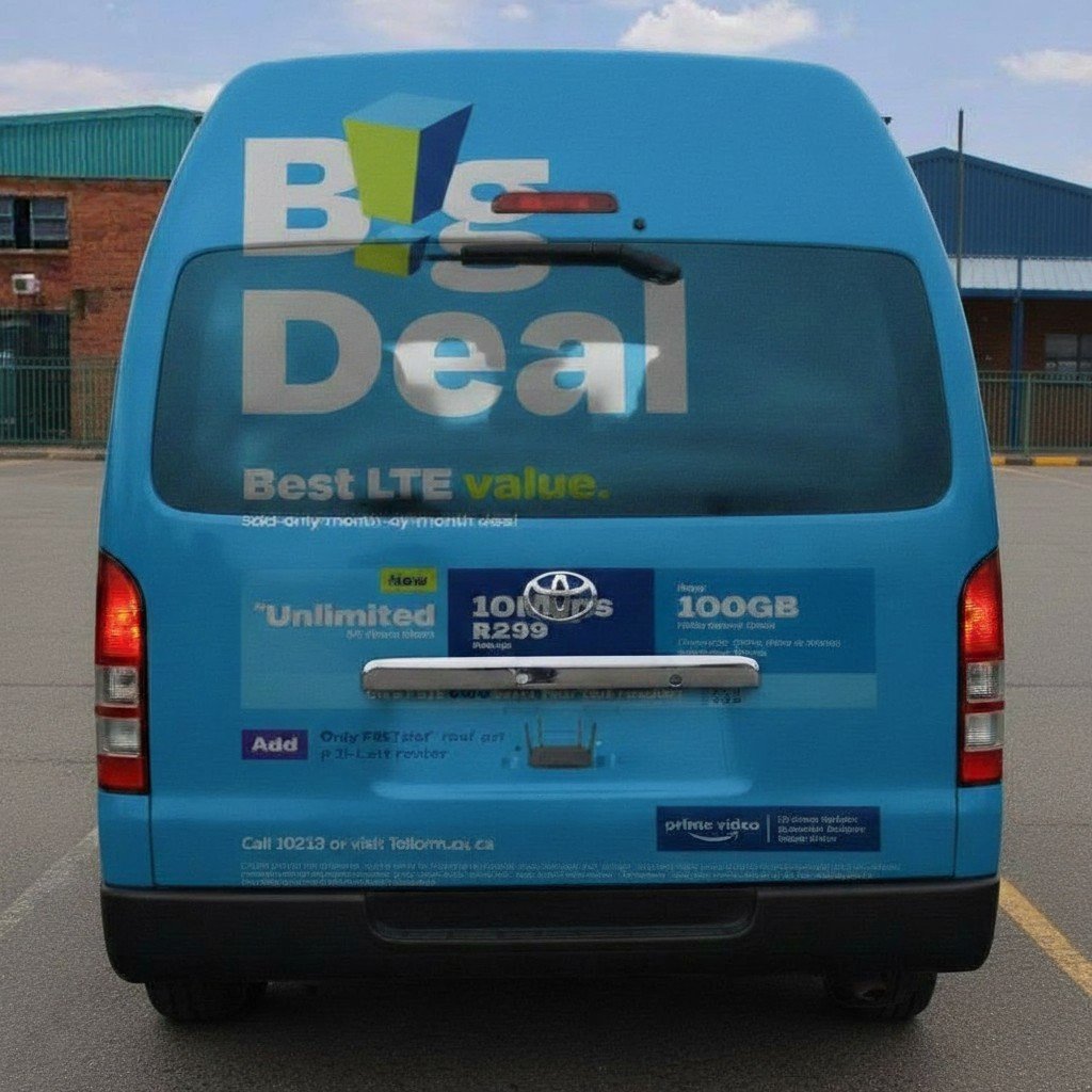 The back of a blue delivery van advertising Big Deal mobile phone plans with unlimited data, 100GB for R299 per month, and additional features like Prime Video. The advertisement includes Bold text and colorful graphics.