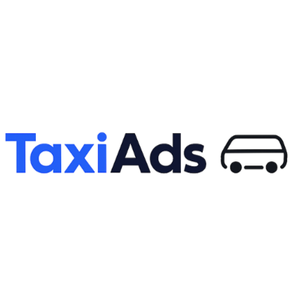 Logo with the words 'Taxi Ads' in blue and black text, with a simple outline of a car to the right.
