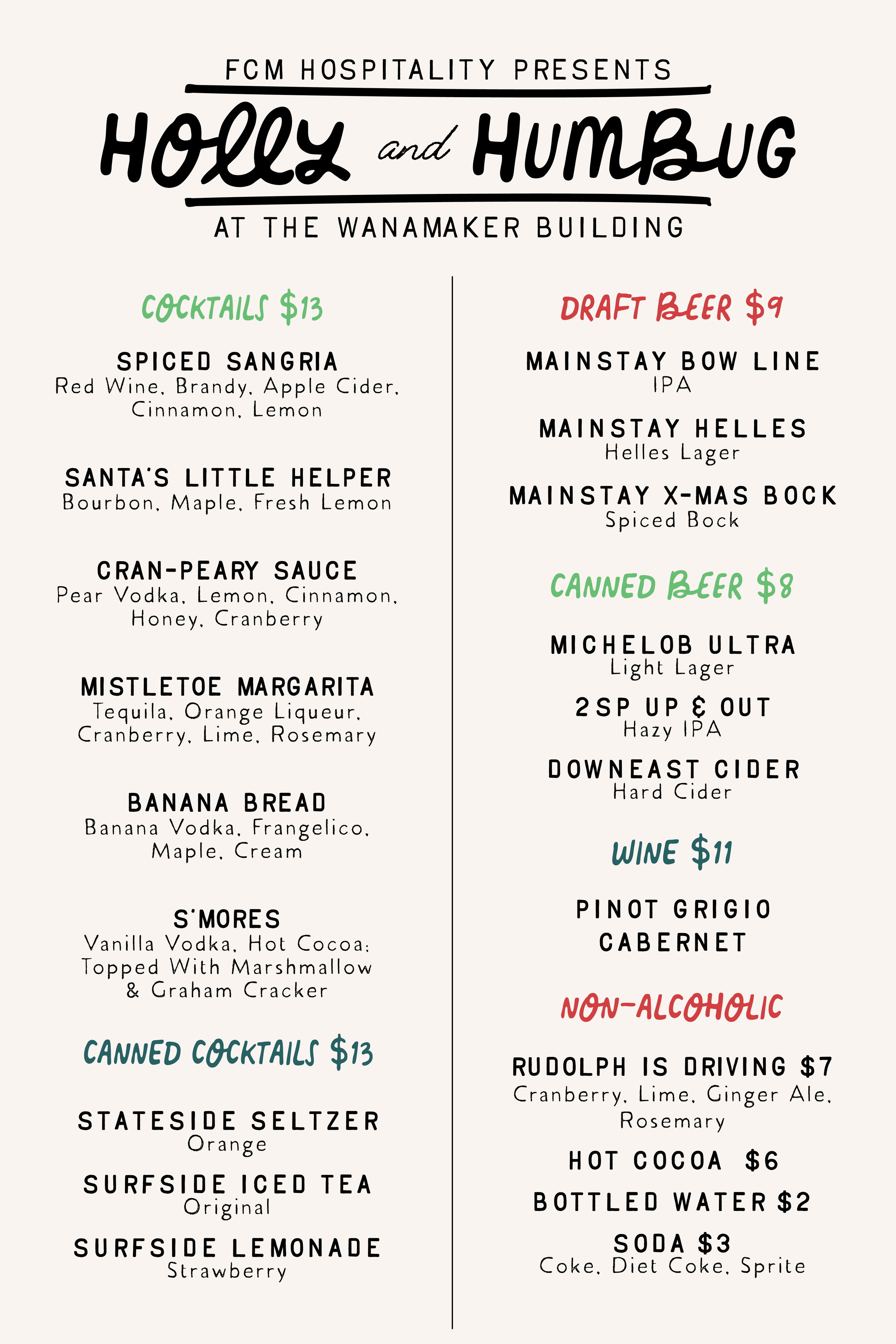 Menu for an event called Holly and Humbug at the Wanamaker Building, presented by FCM Hospitality. The menu lists various cocktails priced at $13, including Spiced Sangria, Santa's Little Helper, Cran-Peary Sauce, Mistletoe Margarita, Banana Bread, and S'mores, as well as canned cocktails, draft beer, canned beer, wine, and non-alcoholic beverages.