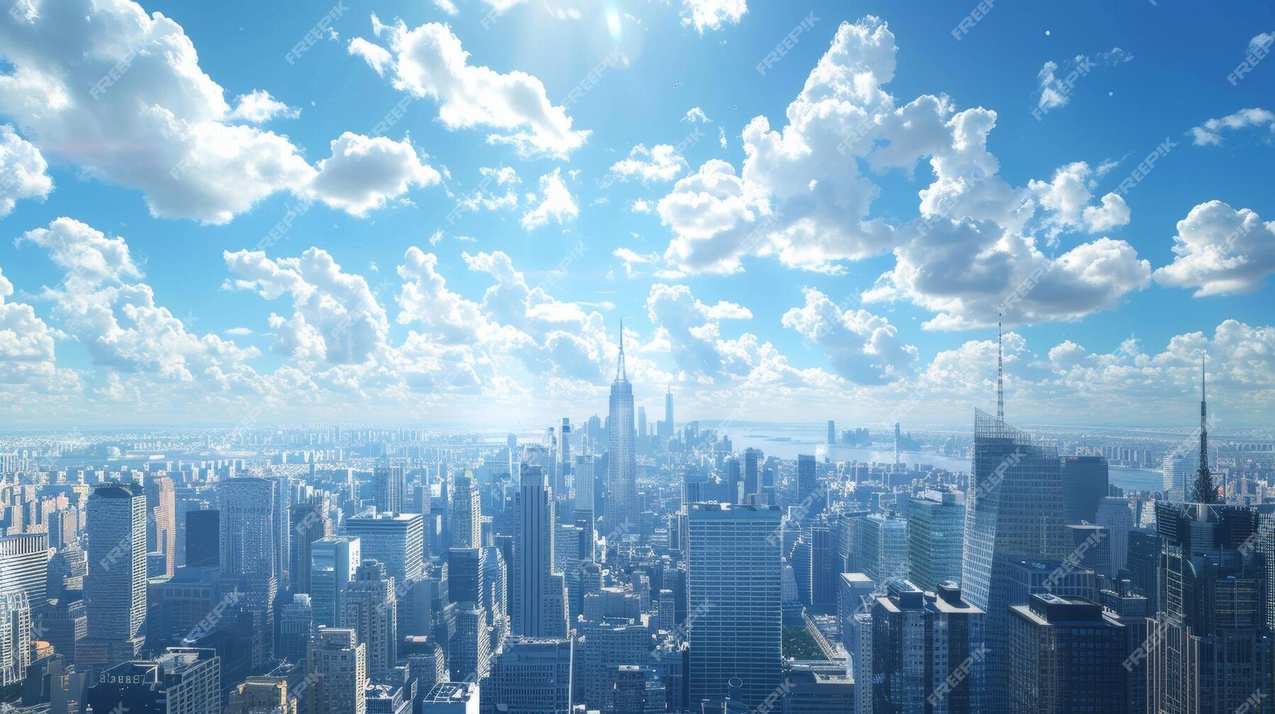 Aerial view of a city skyline with skyscrapers under a bright blue sky with scattered clouds.