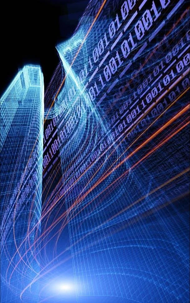 Abstract digital background with binary code, grid lines, and blue light streams.