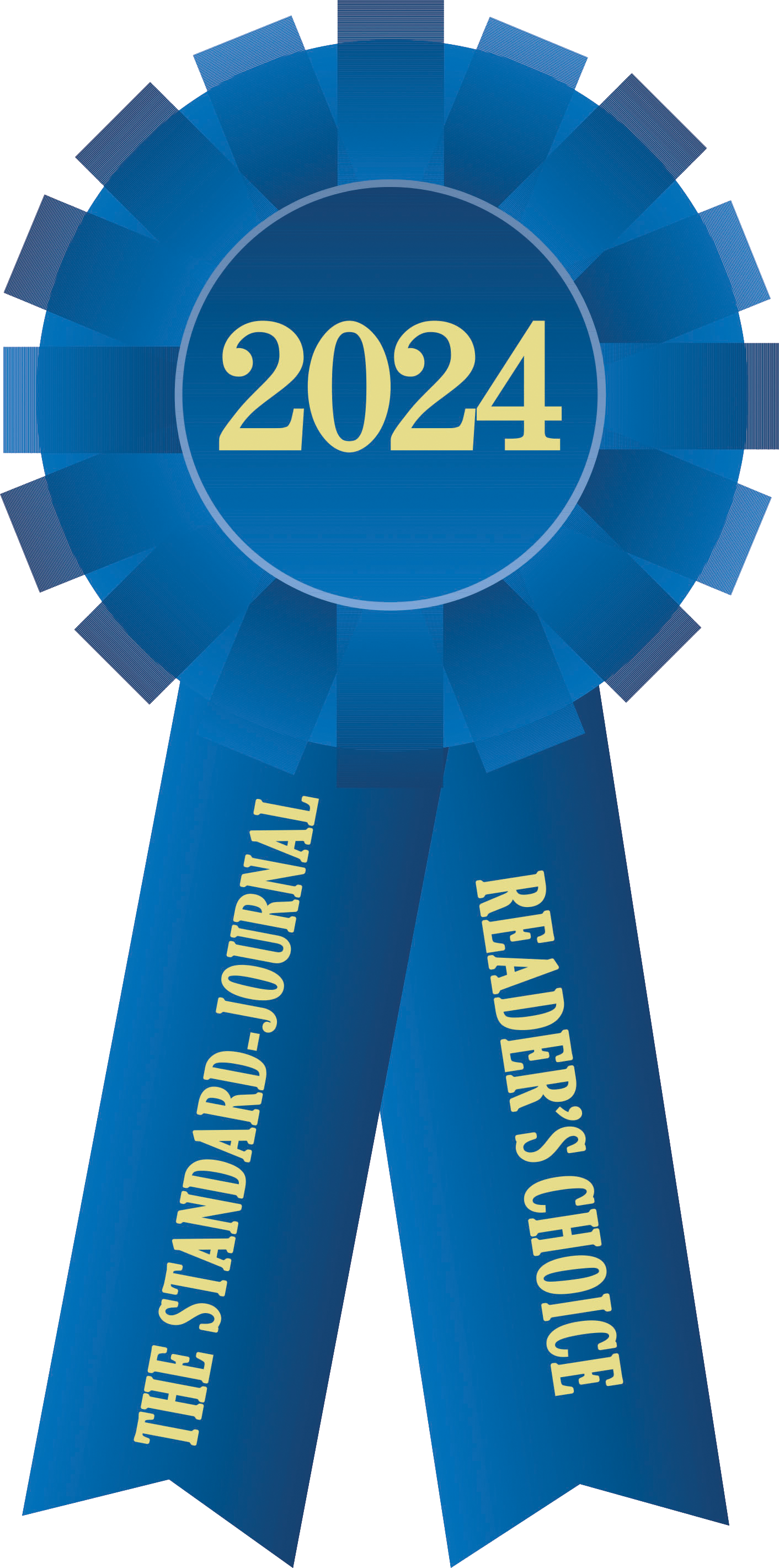 Blue award ribbon with the year 2024 in the center and the words "The Standard-Journal Reader's Choice" on the ribbons.