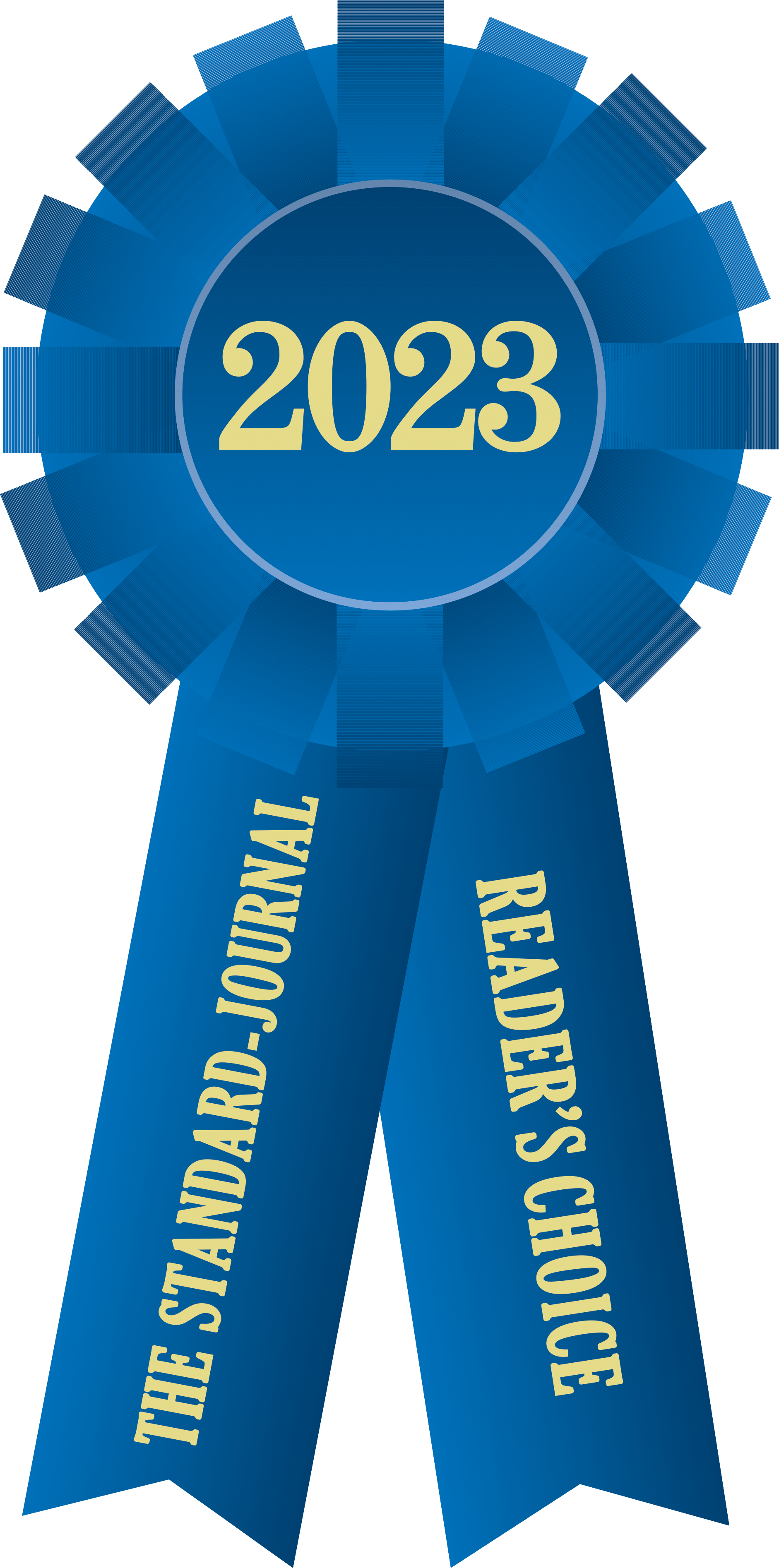 A blue award ribbon with the year 2023 in the center. The ribbons are labeled 'The Standard-Journal Reader's Choice'.
