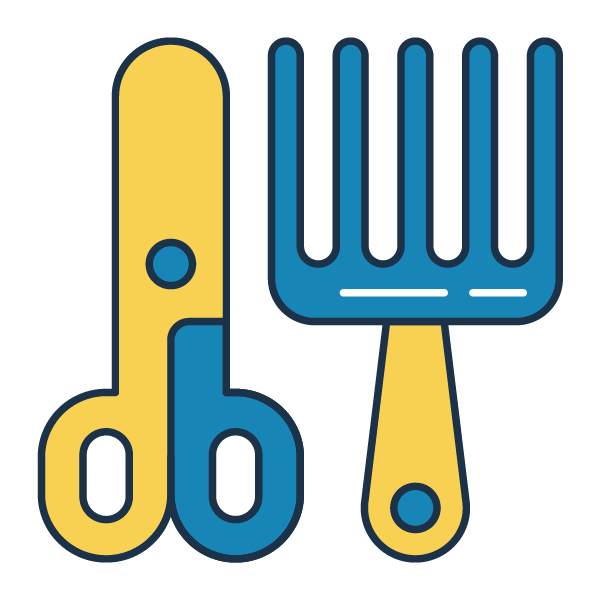 Illustration of a yellow and blue scissors and a yellow and blue garden rake.