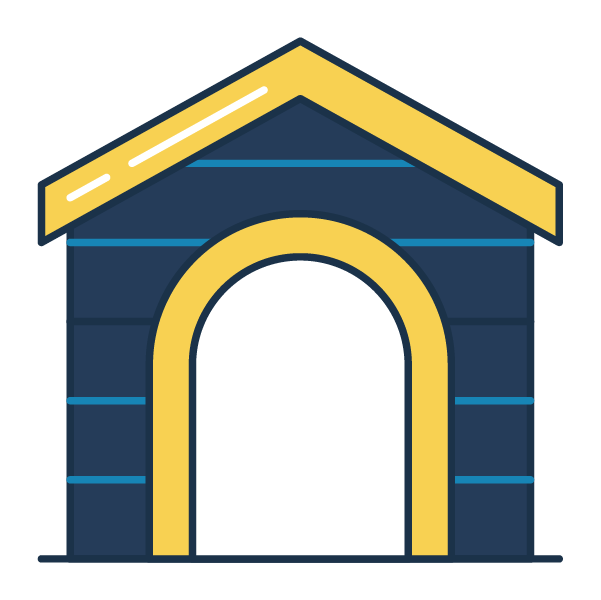 Illustration of a dog house with a triangular yellow roof and a navy blue body, featuring an arched entryway.