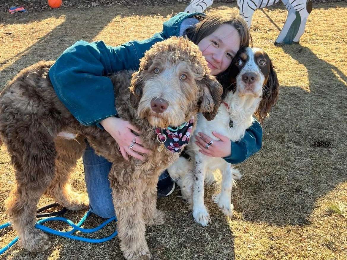 A woman hugging two dogs, one with curly brown fur and the other with white fur with brown spots, in an outdoor setting with a dry grassy ground and a painted wooden animal figure in the background.