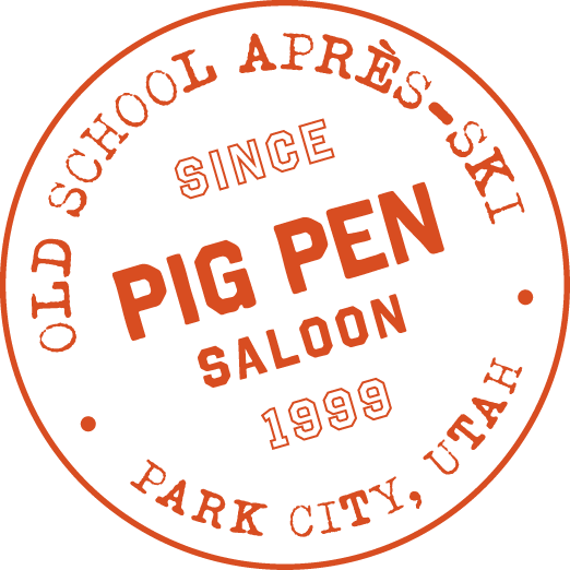 Circular logo for Pig Pen Saloon in Park City, Utah, established in 1899, with the text 'Old School Aprés-Ski' around the circle.