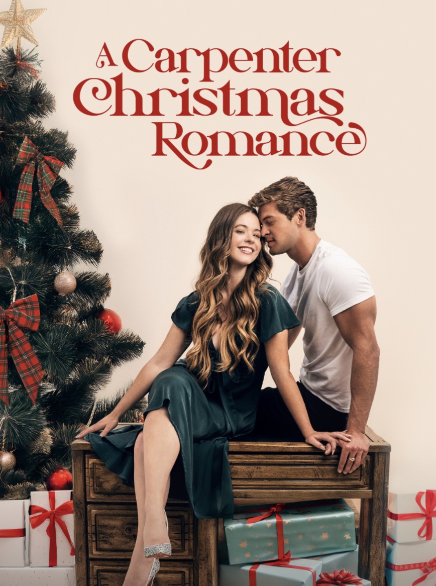Romantic holiday movie poster featuring a smiling couple sitting beside a decorated Christmas tree and wrapped gifts, with the title “A Carpenter Christmas Romance” in red lettering above them, filmed at McCormick Home Ranch.