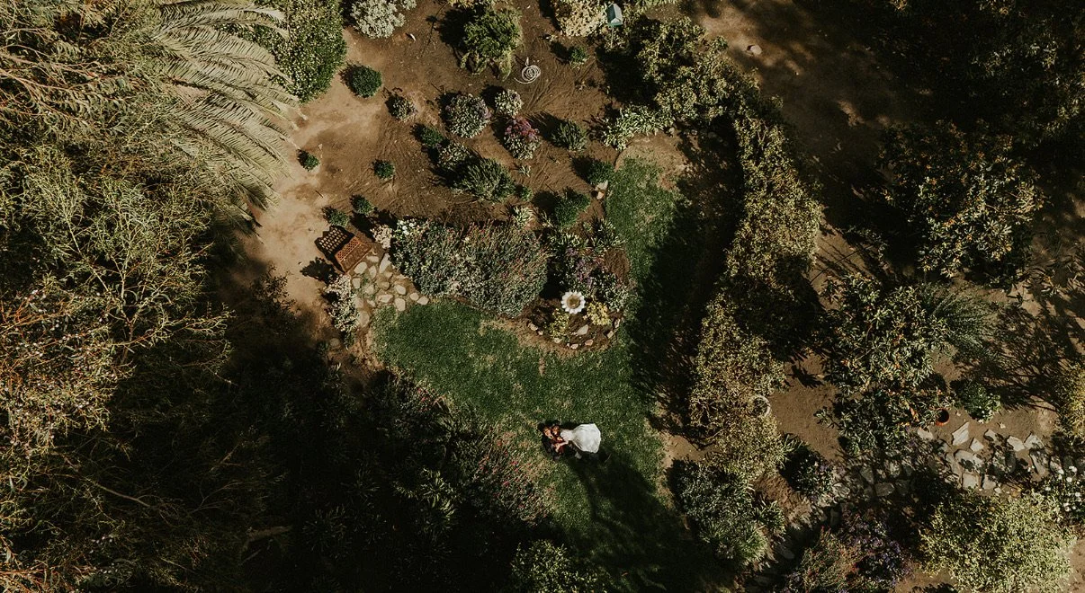Photograph of bridal couple from above as they lay in the lush gardens of McCormick Home Ranch for their wedding photos.