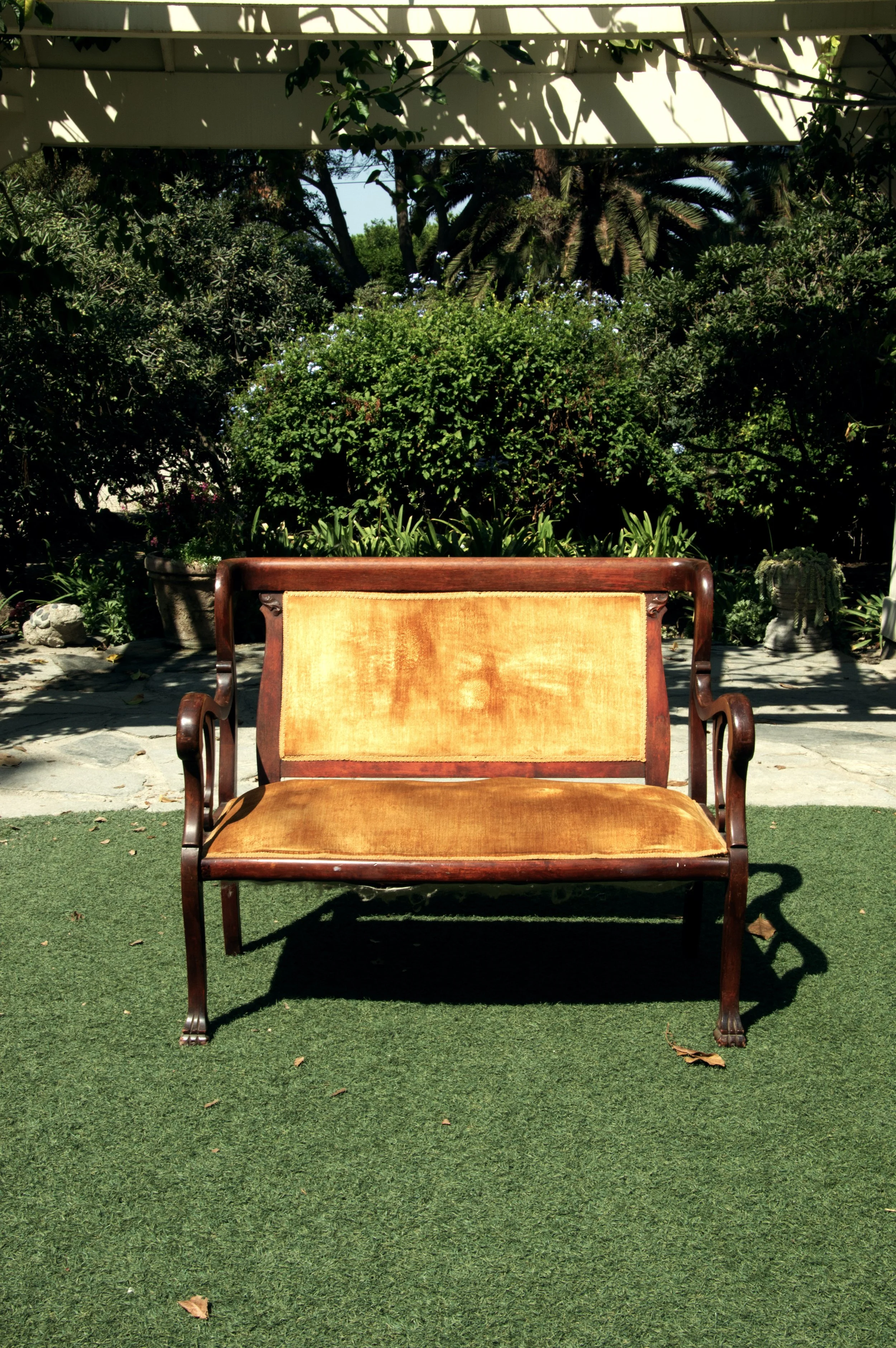 Dark Wood Trim Gold Padded Settee.jpg