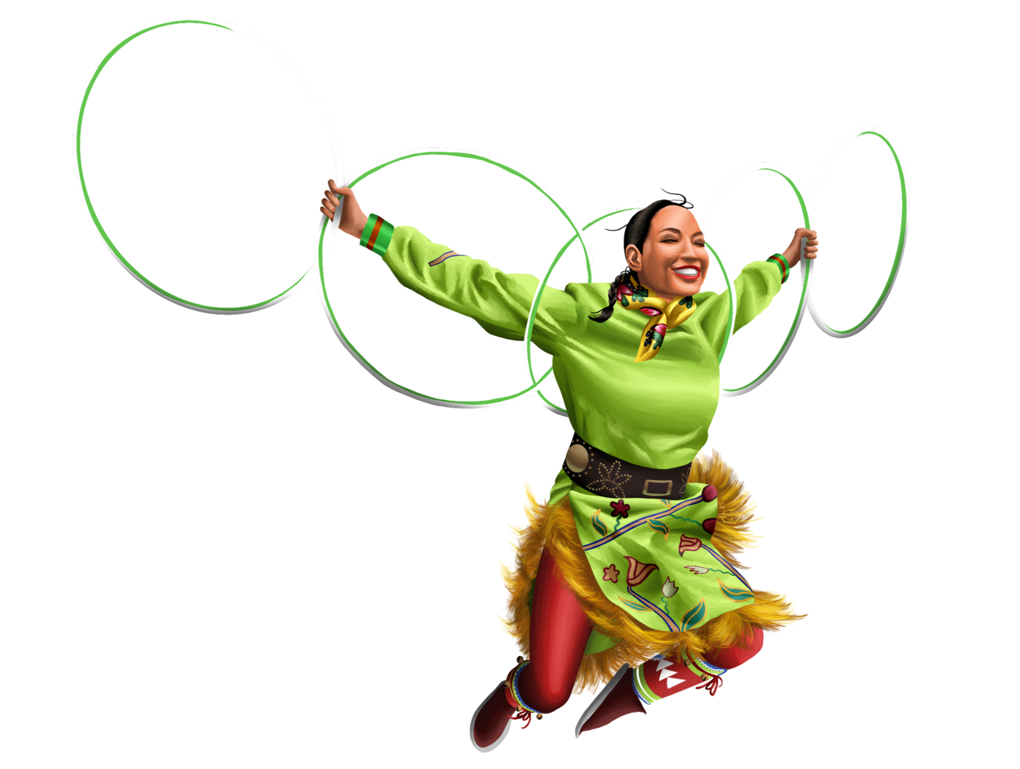 A woman in a colorful costume, holding rings, smiling, and seemingly jumping or dancing.
