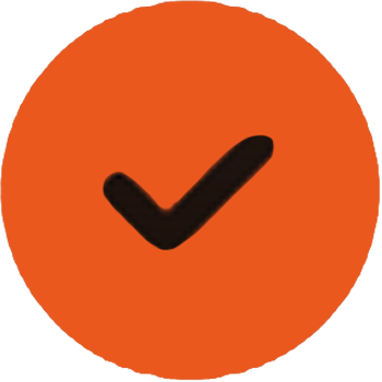Orange circular badge with a black checkmark in the center.