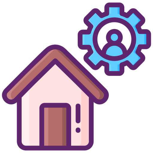A house icon with a gear symbol containing a person inside above it, representing home management or settings.
