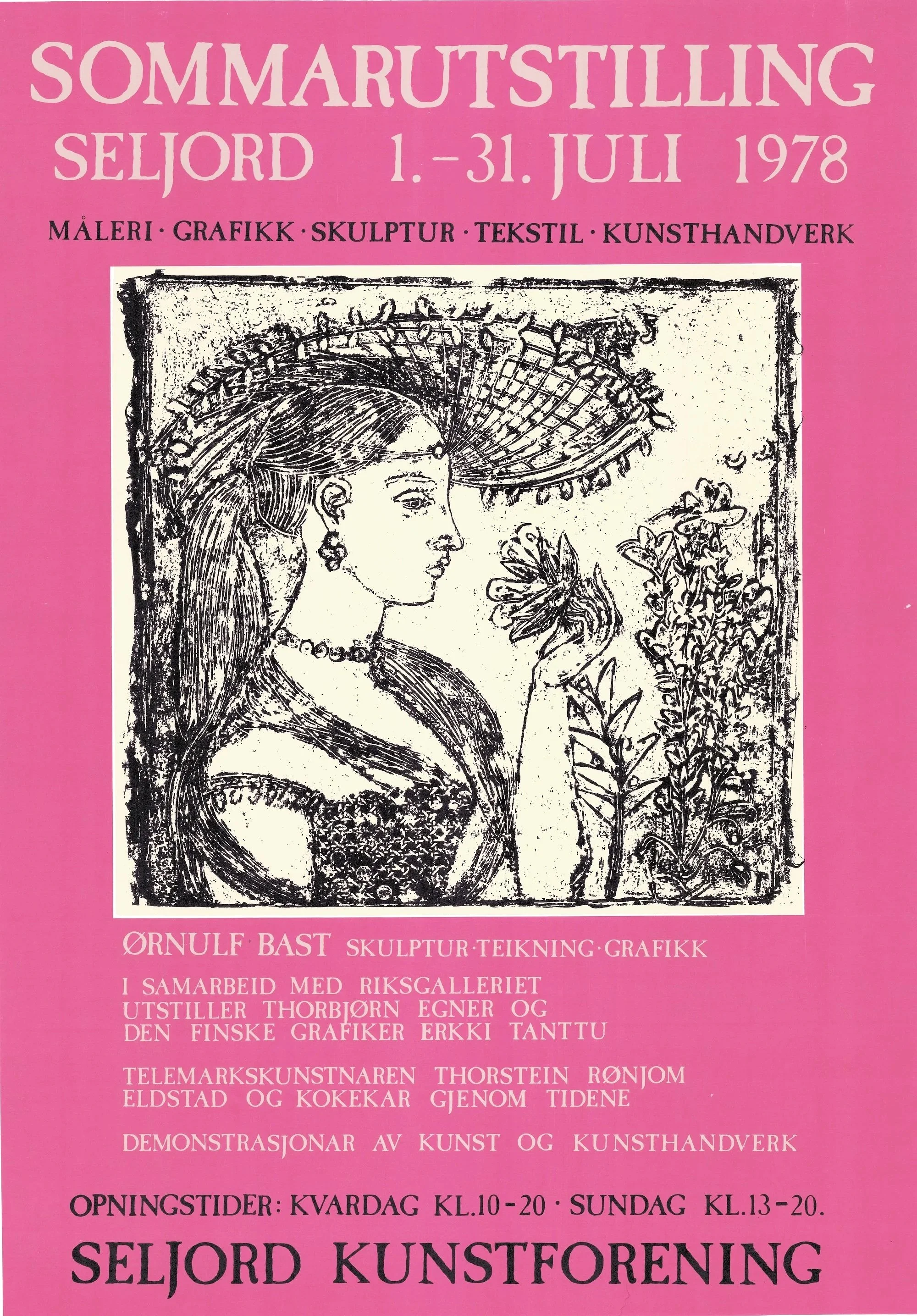 Sommarutstillinga 1978
Sommarutstillinga i Seljord var open 1.–31. juli 1978 og viste måleri, grafikk, skulptur, tekstil og kunsthandverk. Hovudutstillar var Ørnulf Bast med skulptur, teikning og grafikk. Plakaten nemner også utstillingar i samarbeid