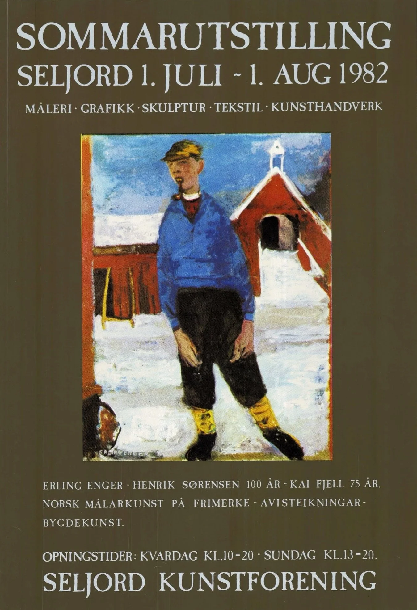 Sommarutstillinga 1982
Sommarutstillinga i Seljord var open 1. juli–1. august 1982 og viste måleri, grafikk, skulptur, tekstil og kunsthandverk. Plakaten løfter fram Erling Enger, Henrik Sørensen 100 år og Kai Fjell 75 år. I tillegg nemner plakaten n