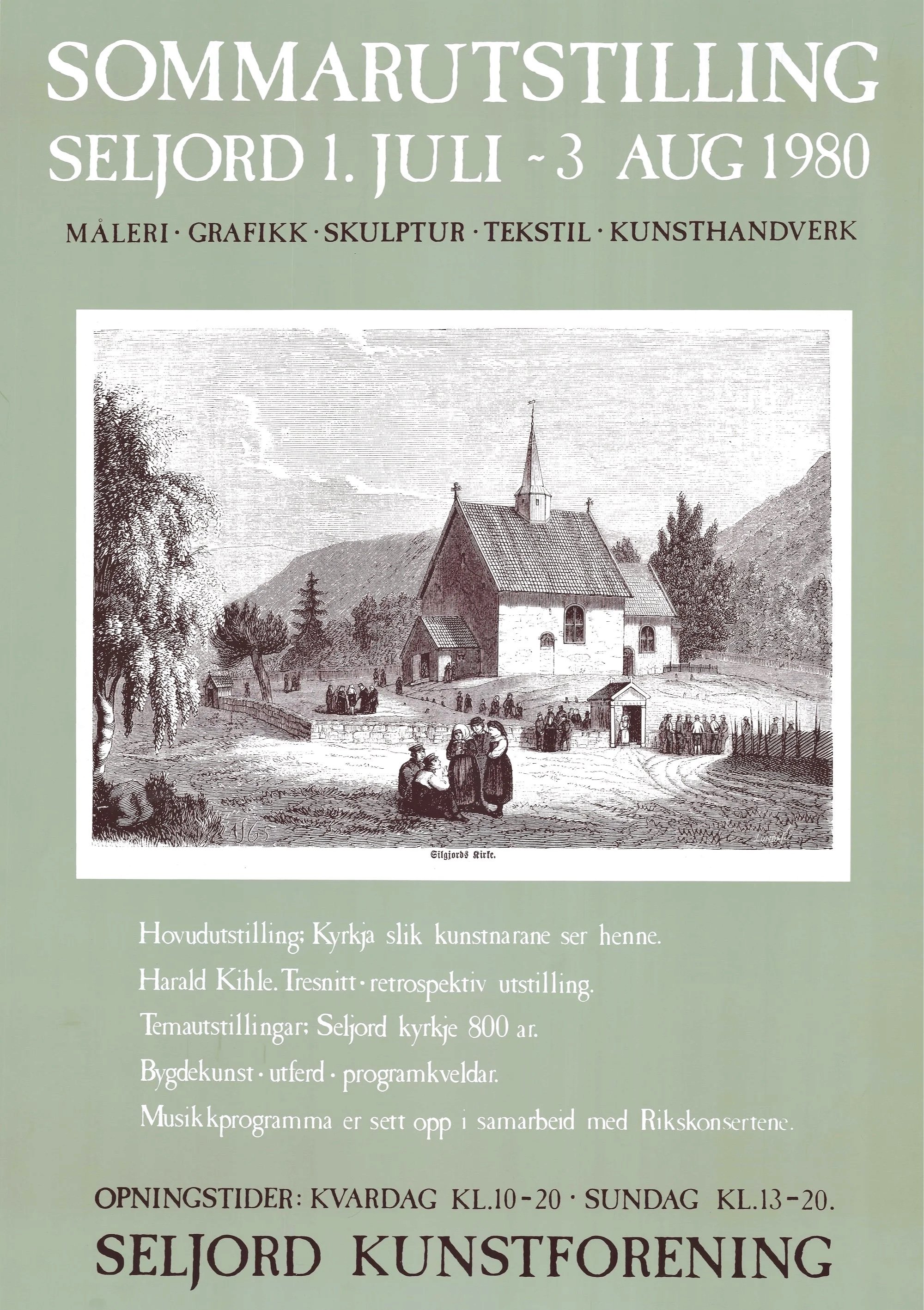 Sommarutstillinga 1980
Sommarutstillinga i Seljord var open 1. juli–3. august 1980 og viste måleri, grafikk, skulptur, tekstil og kunsthandverk. Hovudutstillinga hadde tittelen «Kyrkja slik kunstnarane ser henne». Harald Kihle hadde ei retrospektiv u