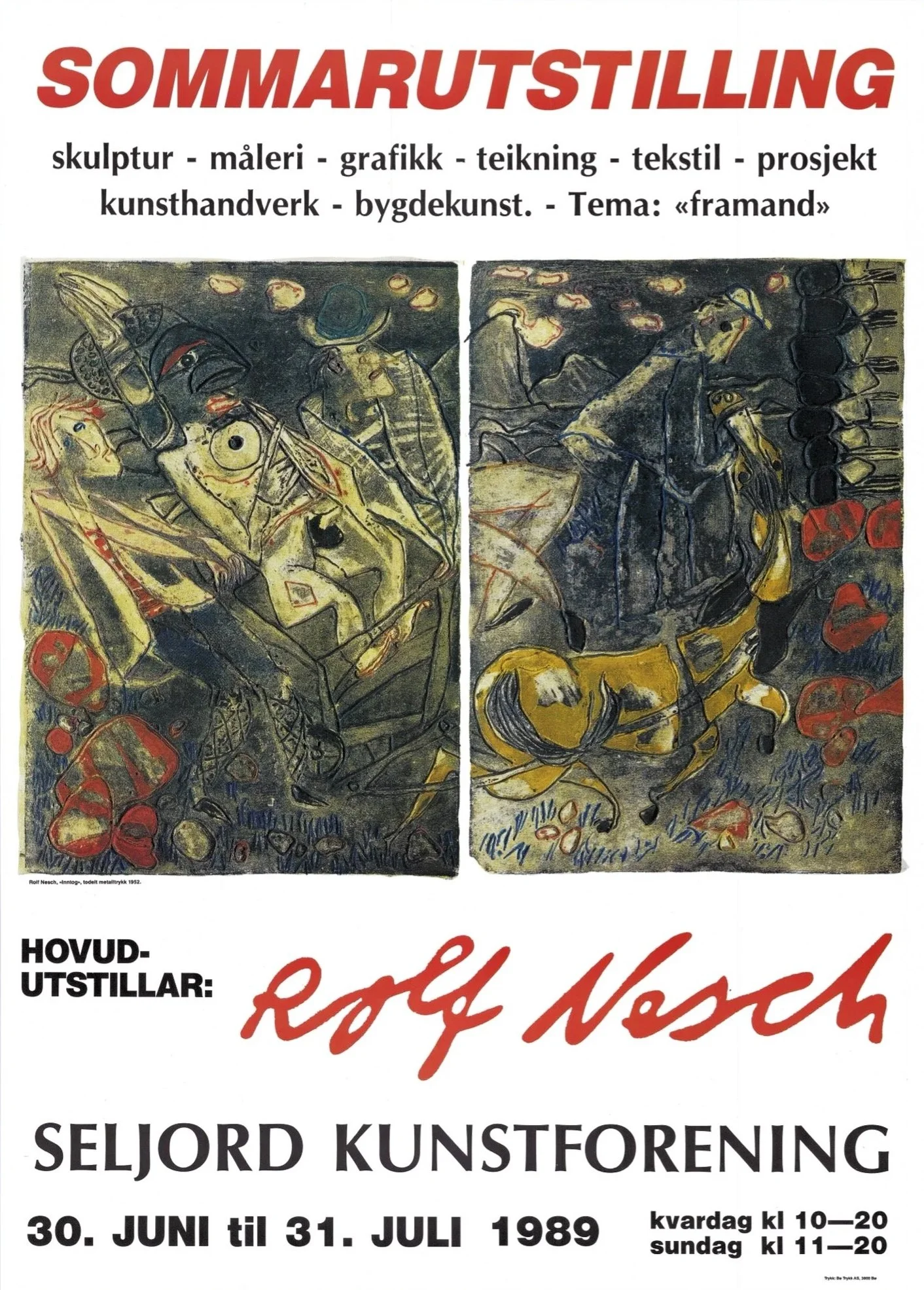 Sommarutstillinga 1989
Sommarutstillinga i Seljord var open 30. juni–31. juli 1989 og viste skulptur, måleri, grafikk, teikning, tekstil, prosjekt, kunsthandverk og bygdekunst. Temaet var «Framand», og hovudutstillar var Rolf Nesch.