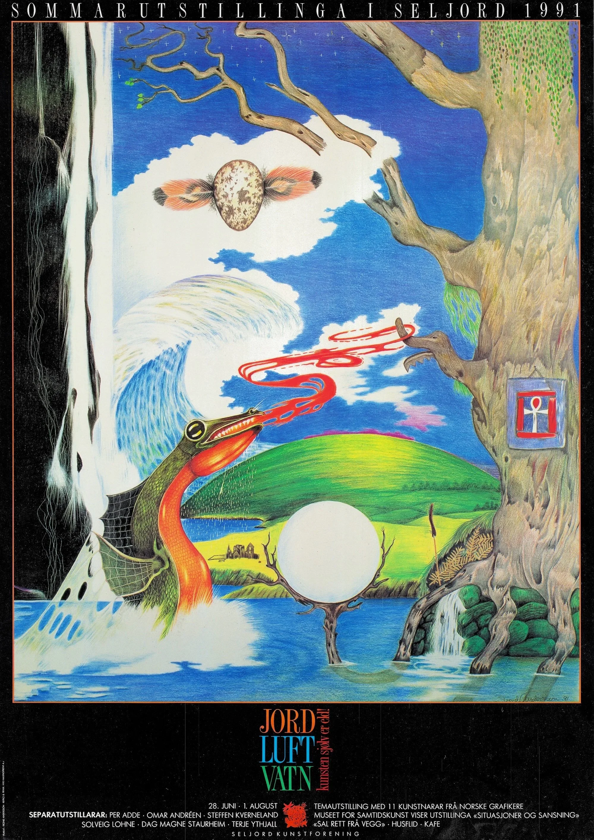 Sommarutstillinga 1991
Sommarutstillinga i Seljord 1991 hadde tittelen «Jord og luft og vatn» og var open 28. juni–1. august. Plakaten nemner mellom anna Per Adde, Omar Andréen, Steffen Kverneland, Solveig Lohne, Dag Magne Staurheim og Terje Ythjall.