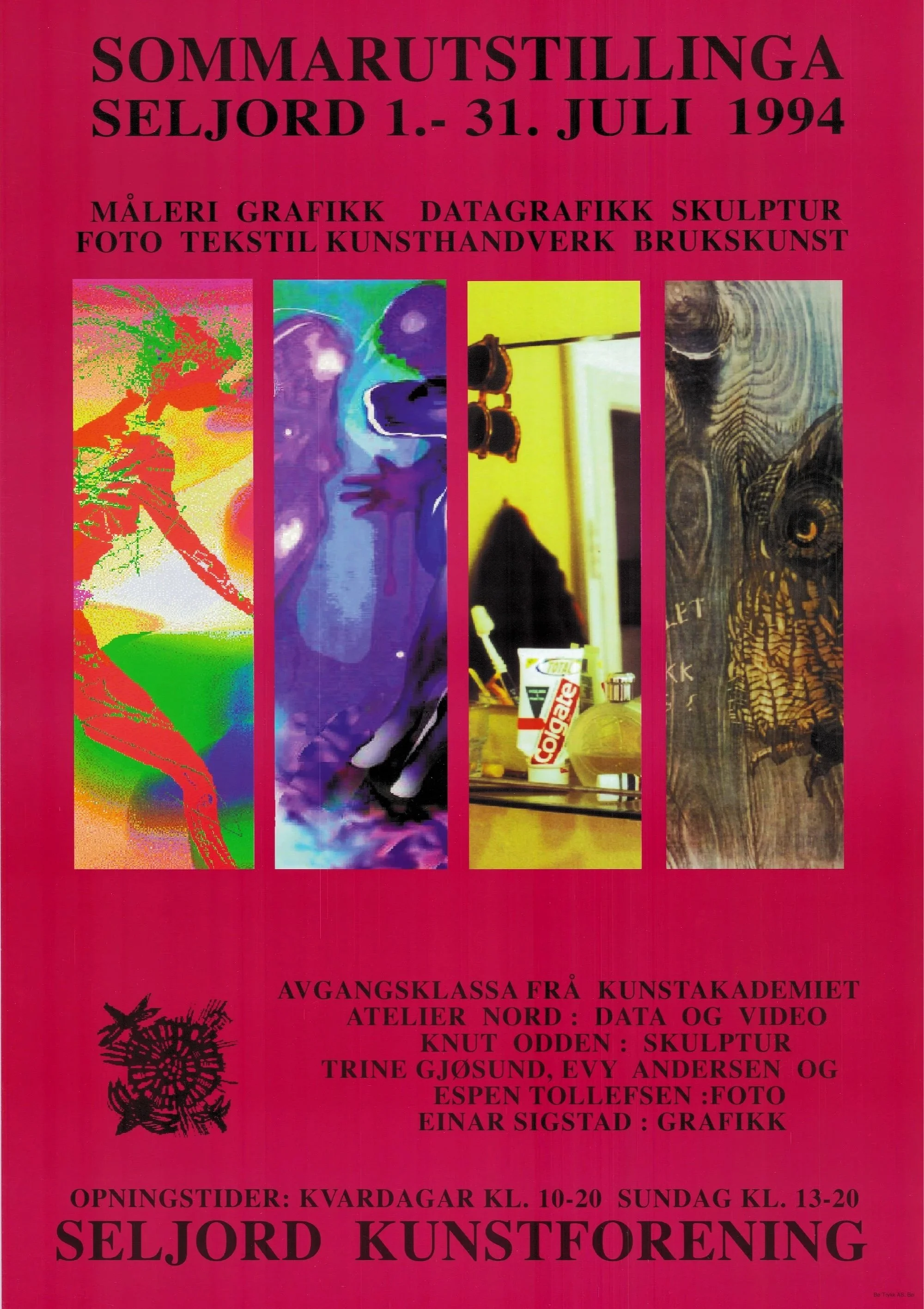 Sommarutstillinga 1994
Sommarutstillinga i Seljord var open 1.–31. juli 1994 og viste måleri, grafikk, datagrafikk, skulptur, foto, tekstil, kunsthandverk og brukskunst. Plakaten nemner avgangsklassen frå Kunstakademiet, Atelier Nord med data og vide