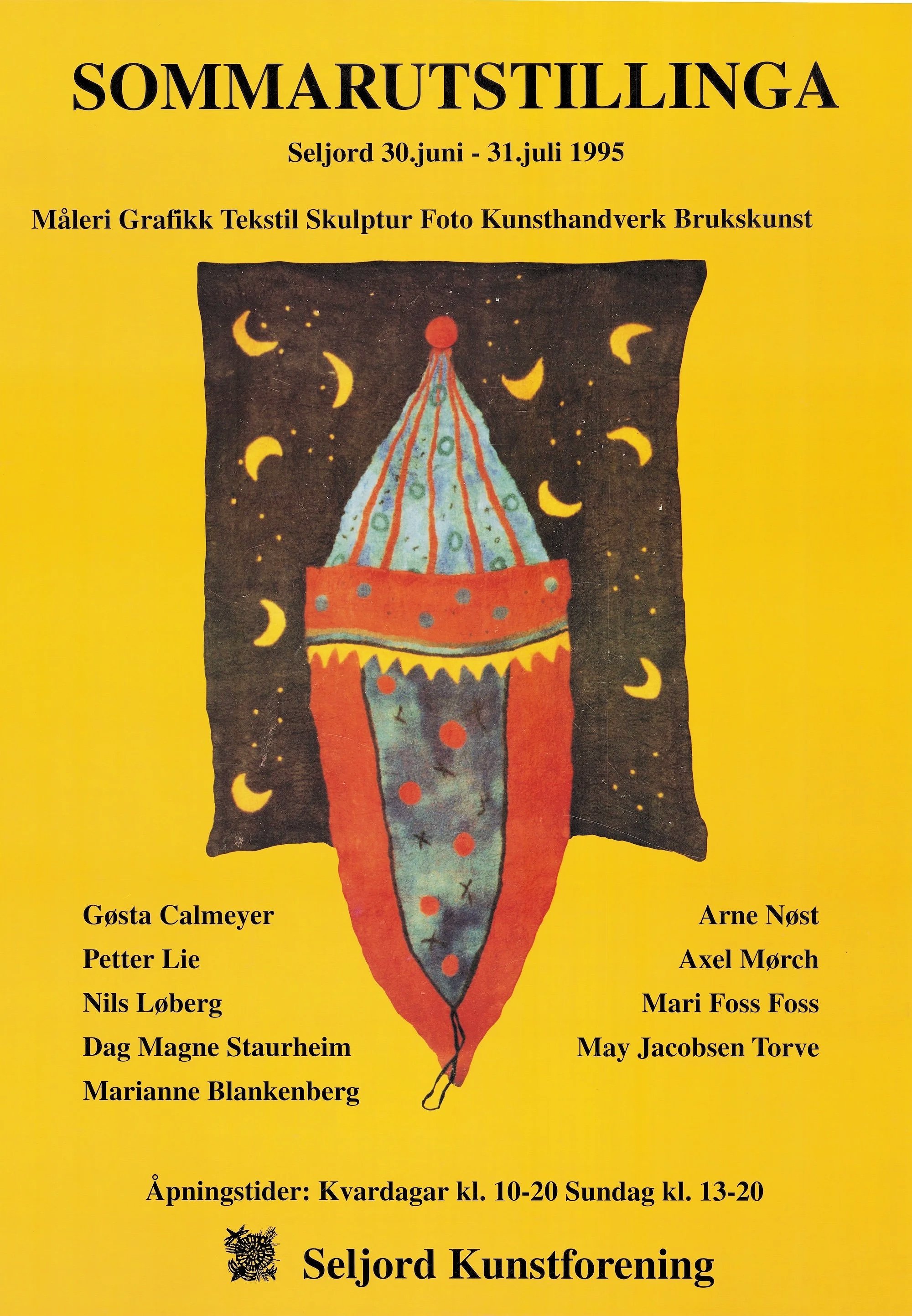 Sommarutstillinga 1995
Sommarutstillinga i Seljord var open 30. juni–31. juli 1995 og viste måleri, grafikk, tekstil, skulptur, foto, kunsthandverk og brukskunst. Utstillarane på plakaten er Gösta Calmeyer, Petter Lie, Nils Løberg, Dag Magne Staurhei