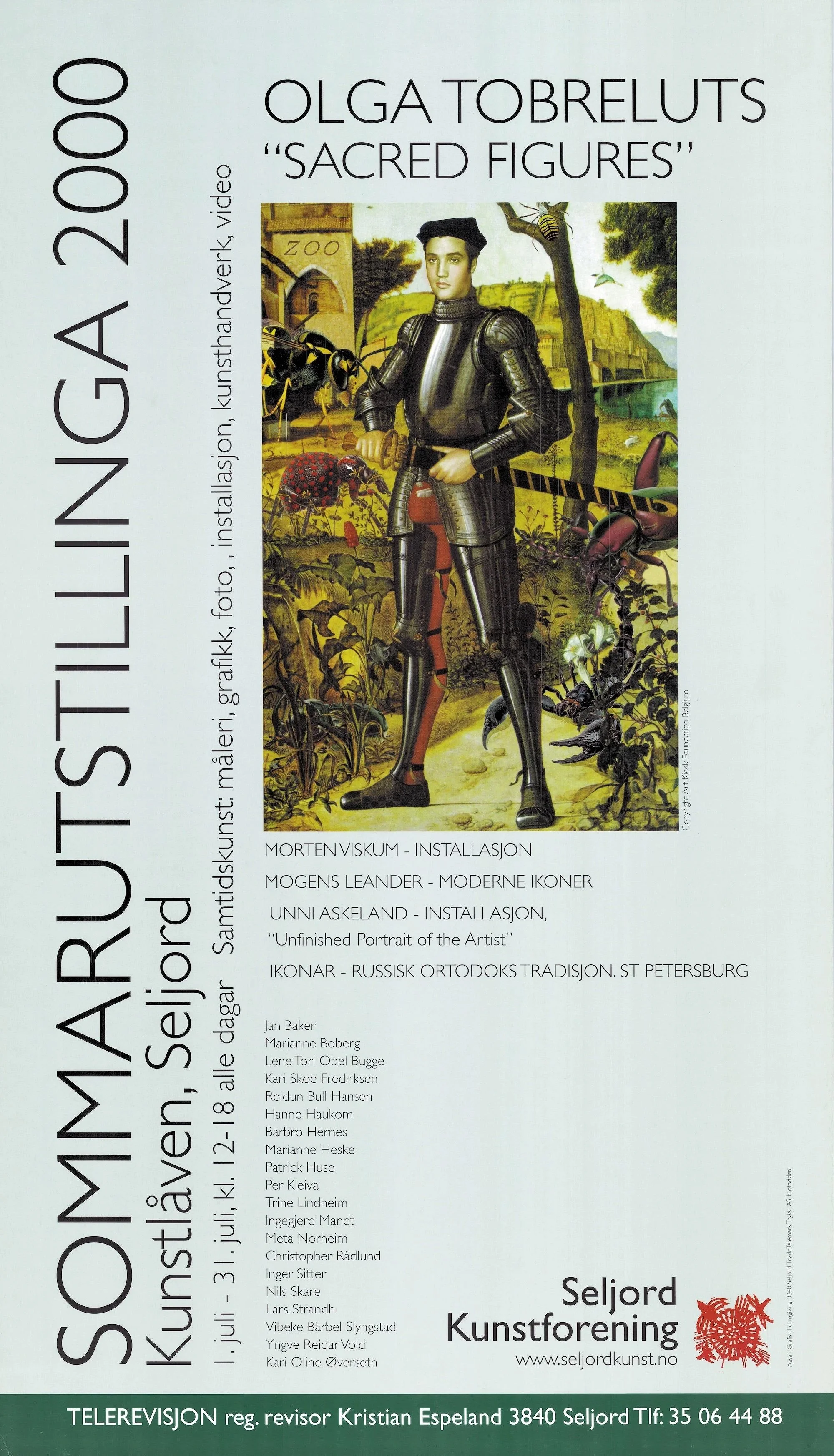 Sommarutstillinga 2000
Sommarutstillinga 2000 var open 1.–31. juli. Plakaten løfter fram Olga Tobreluts – «Sacred Figures», Morten Viskum med installasjon, Mogens Leander med moderne ikon, Unni Askeland med «Unfinished Portrait of the Artist», og iko