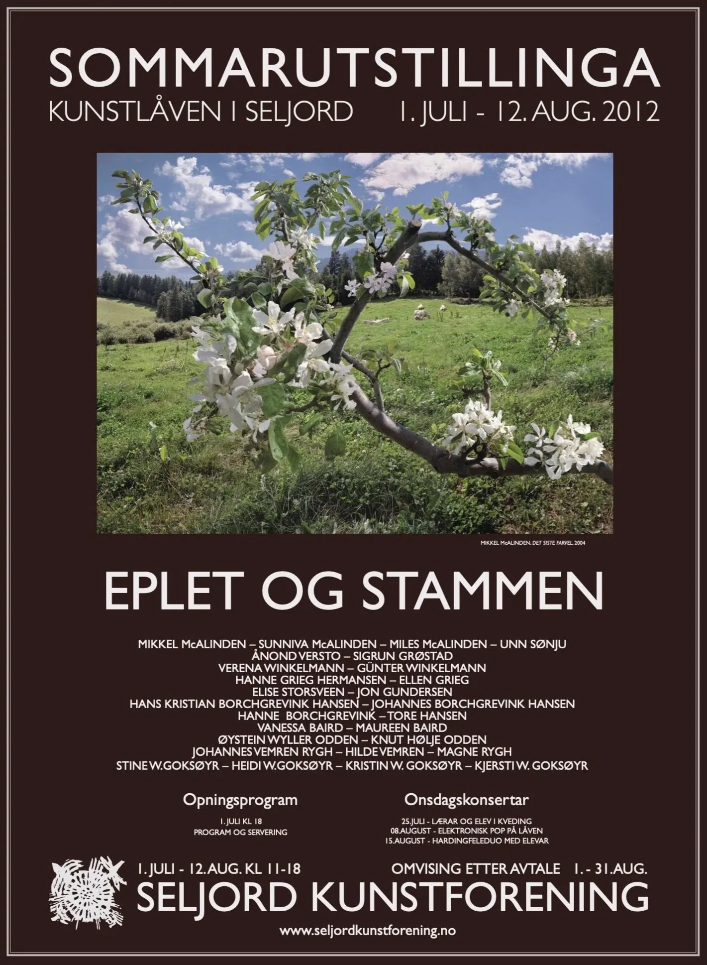 Sommarutstillinga 2012 hadde tittelen «Eplet og stammen» og var open 1. juli–12. august. Utstillinga samla kunstnarar på tvers av generasjonar, mellom andre Mikkel, Sunniva og Miles McAlinden, Unn Sønju, Ånond Versto, Sigrun Grøstad, Verena og Gunter