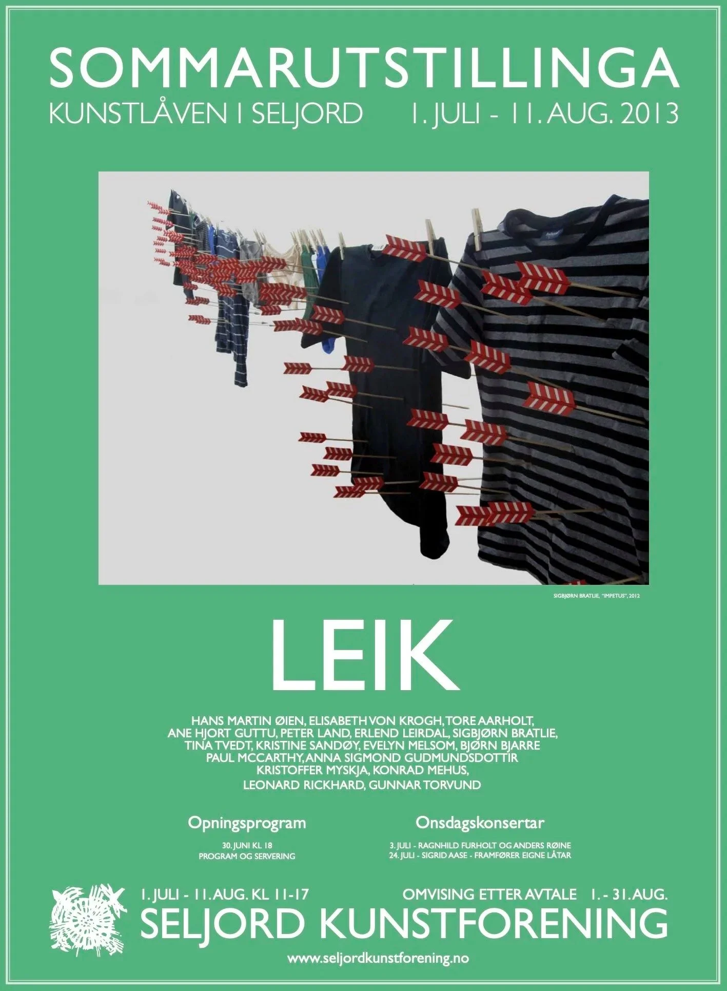 Sommarutstillinga 2013 hadde tittelen «Leik» og var open 1. juli–11. august, med opningsprogram 30. juni. Utstillarane var Hans Martin Øien, Elisabeth von Krogh, Tore Aarholt, Ane Hjort Guttu, Peter Land, Erlend Leirdal, Sigbjørn Bratlie, Tina Tvedt,