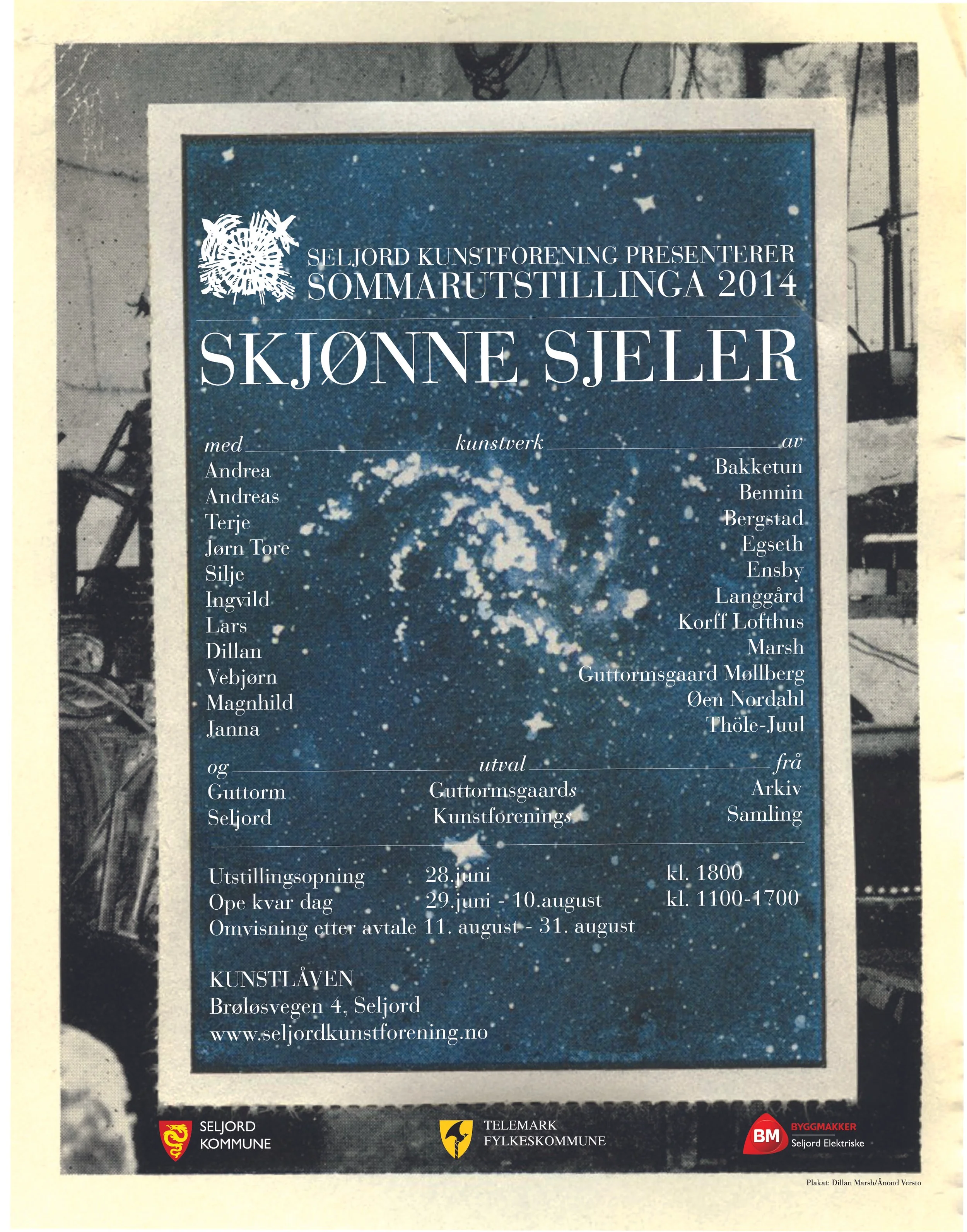 Sommarutstillinga 2014 hadde tittelen «Skjønne sjeler». Utstillinga opna 28. juni og var open kvar dag 29. juni–10. august, med omvising etter avtale 11.–31. august. Plakaten nemner kunstverk av Andrea Bakketun, Andreas Bennin, Terje Bergstad, Jørn T