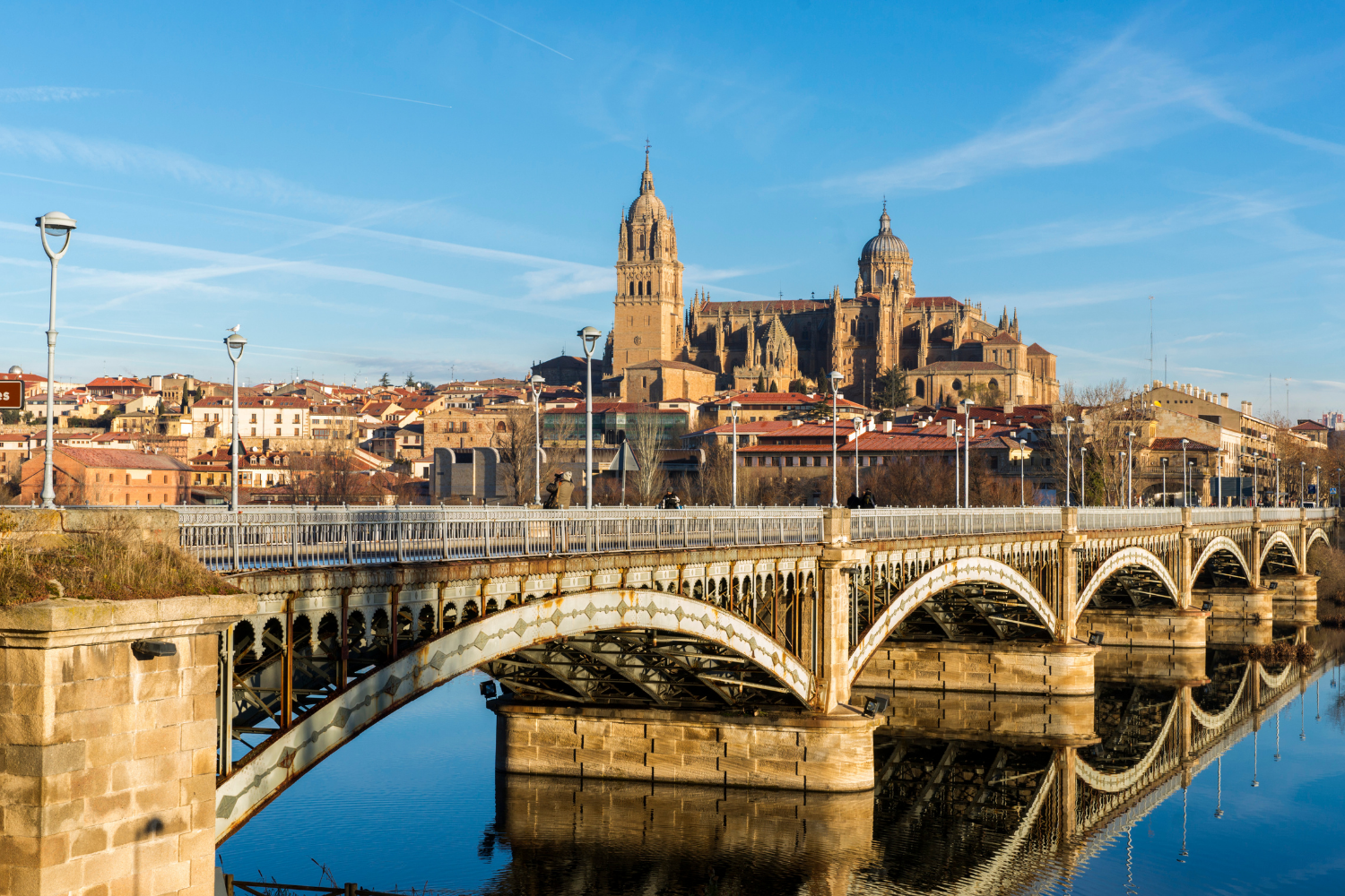 View of a cityscape with a historic cathedral atop a hill, a bridge crossing a calm river, and a clear blue sky.