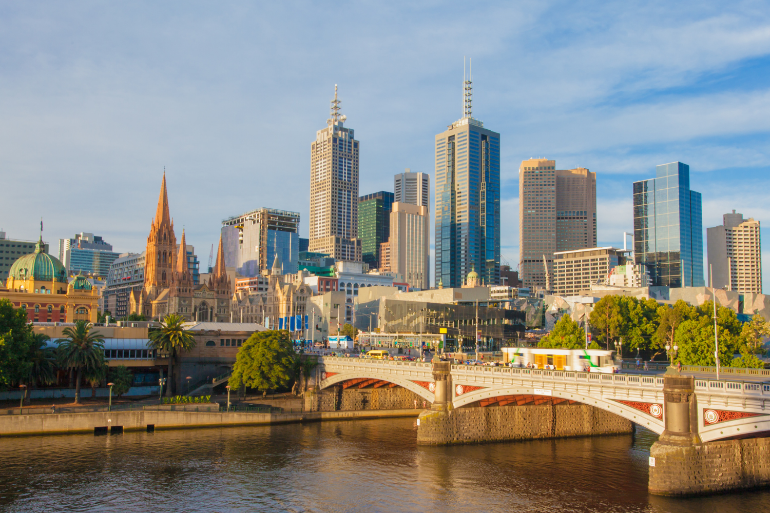 Cityscape of Melbourne, Australia, with tall skyscrapers, historic churches, and a bridge over the Yarra River