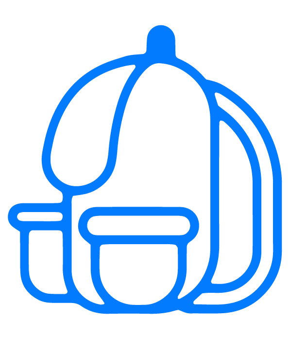 Blue outline of a backpack with two pouches and a rolled-up item attached.