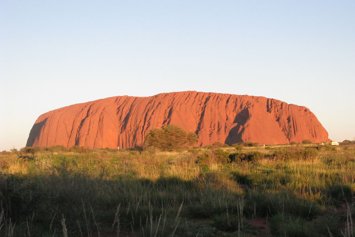 Uluru, also known as Ayers Rock, a large red sandstone monolith in Australia's central desert, with sparse green vegetation in the foreground and a clear sky.