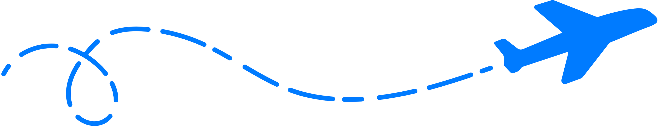 Blue airplane icon with dotted flight path curve.