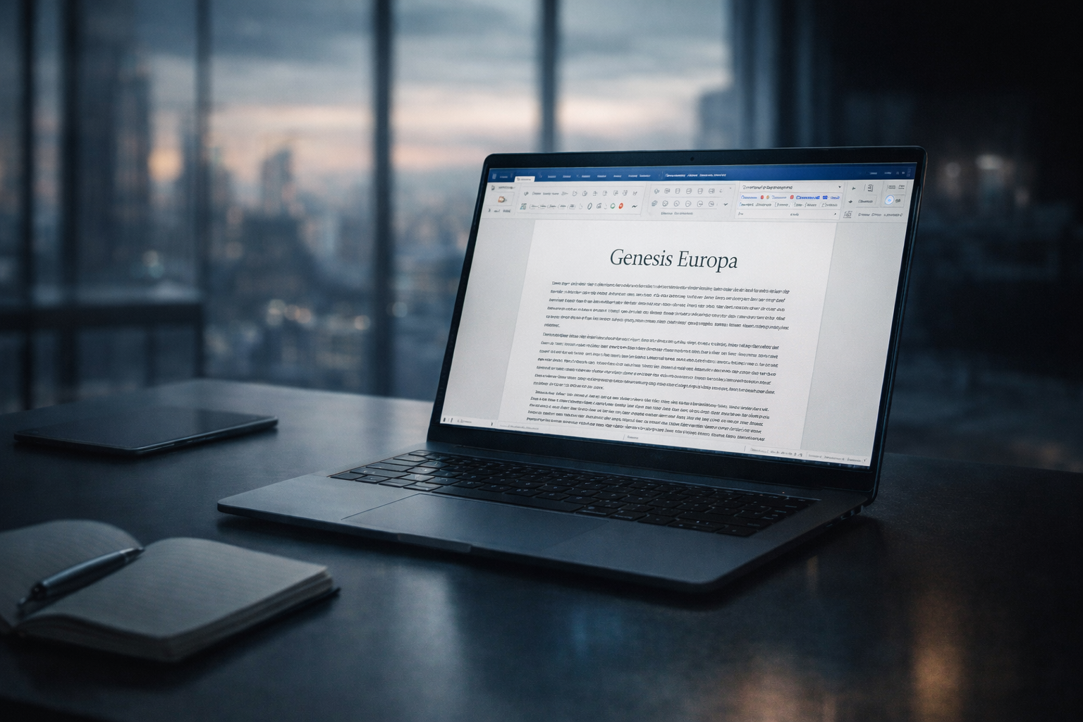 Laptop on a desk displaying the manuscript ‘Genesis Europa’, set in a modern office with a blurred city skyline in the background.