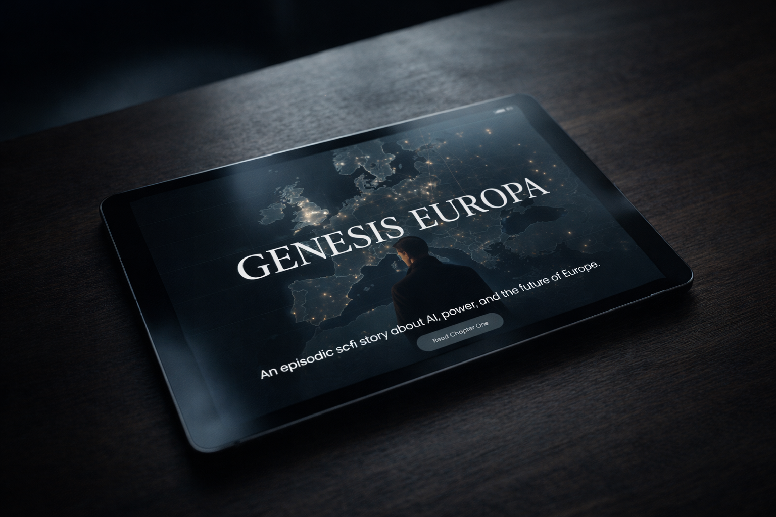 A tablet lying on a desk, displaying the Genesis Europa website with a digital map of Europe on the screen.
