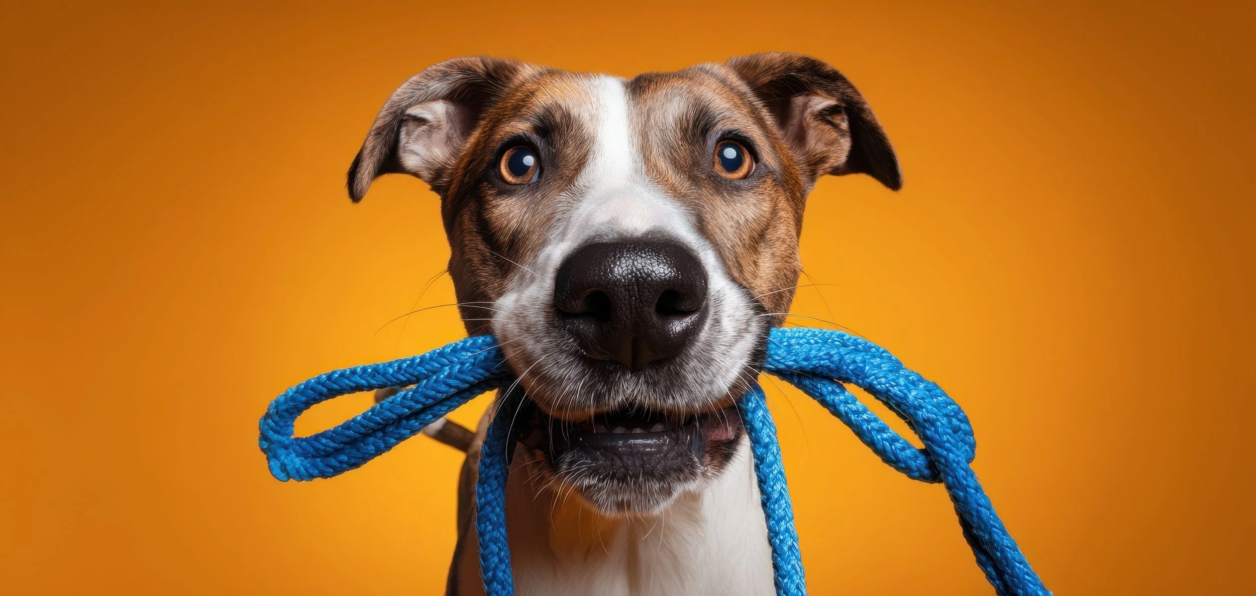 A dog with a blue rope in its mouth against an orange background.