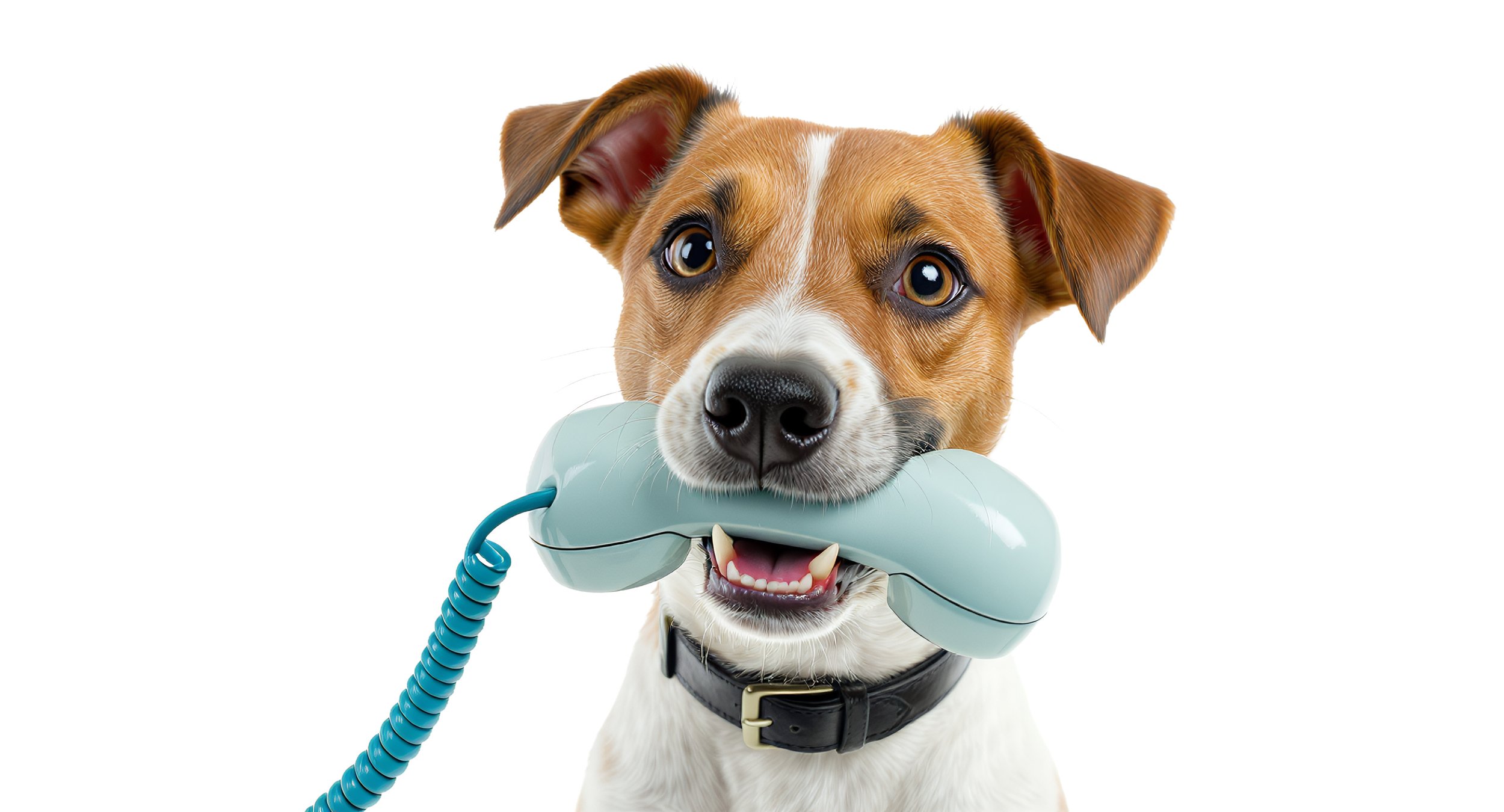 A brown and white dog holding a vintage phone in its mouth against a white background.