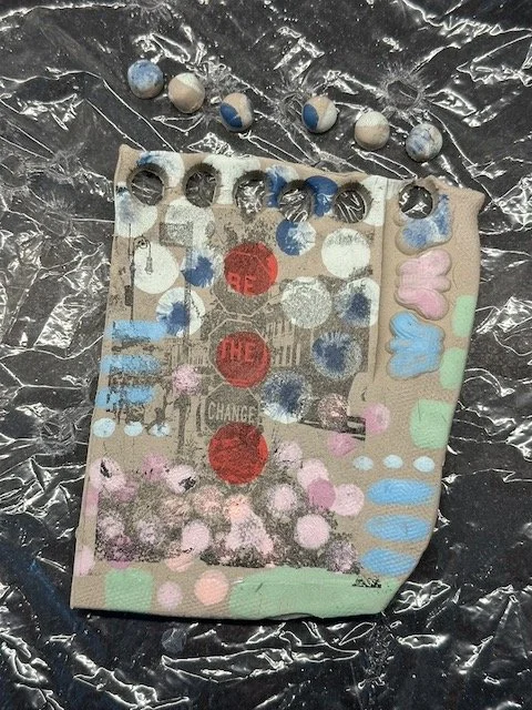 painted slab with with black & white photo 