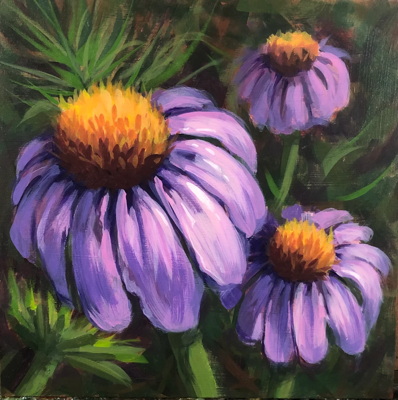 Painting of three purple coneflowers with yellow-orange centers, set against green foliage.